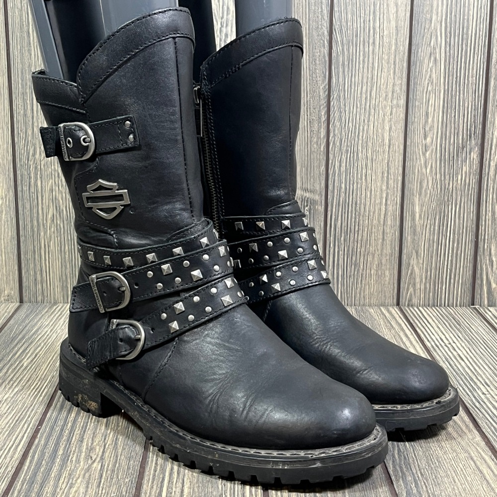 Harley-Davidson D87027 Boots Women 9.5 Black Studded Buckle Moto Biker Riding